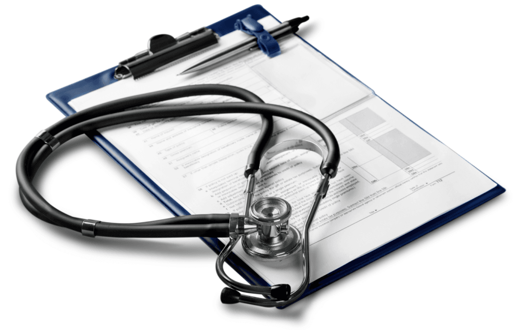 Prancheta de anotações e estetoscópio